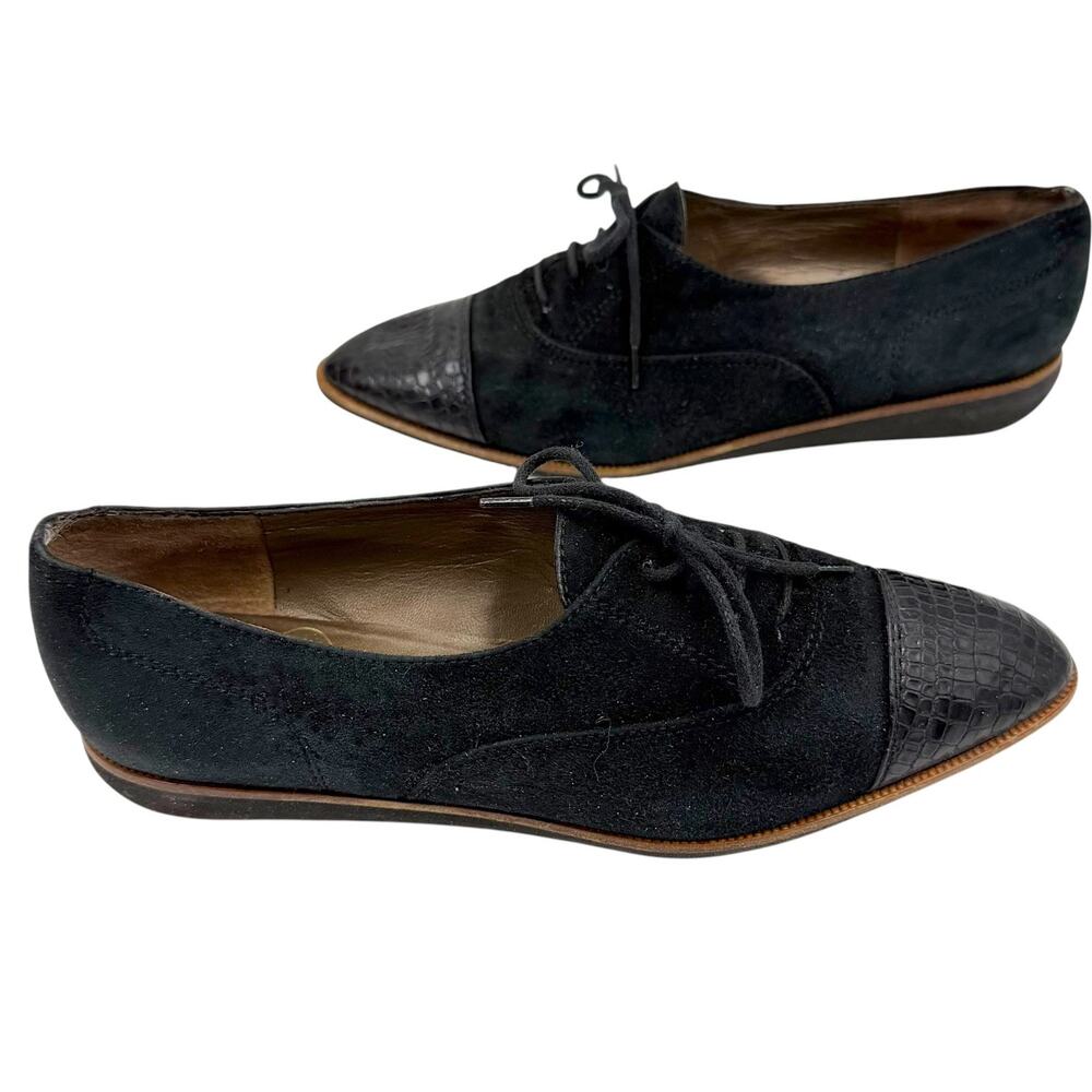Vintage 80s Bruno Magli Black Suede Croc Cap Toe Oxfords Flats Sz 6.5 AA Italy